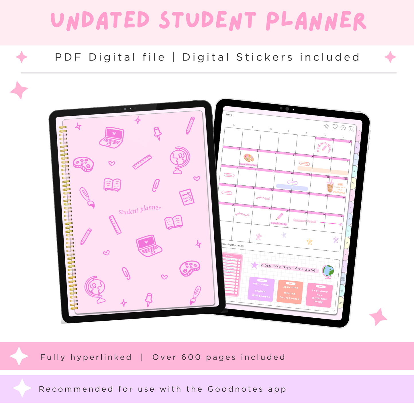 Undated Student Planner + Digital Stickers included