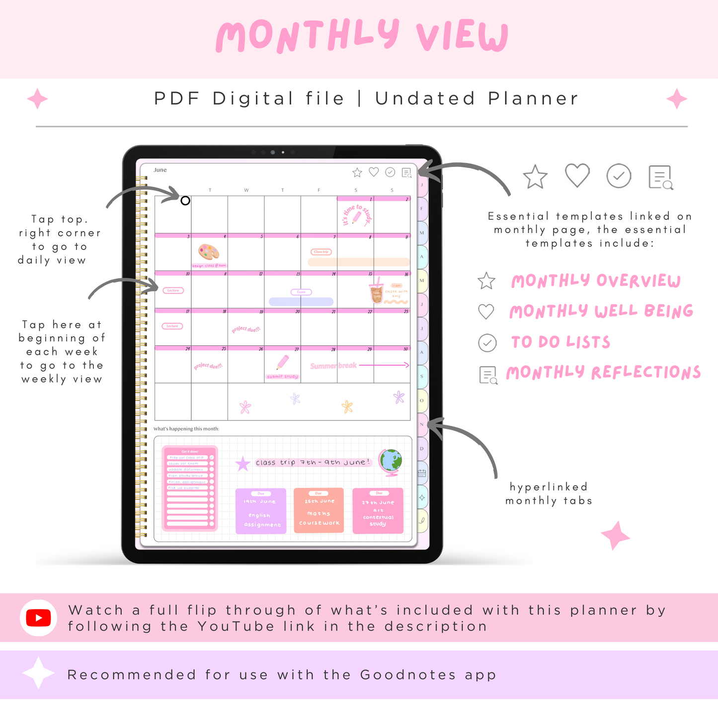 Undated Student Planner + Digital Stickers included